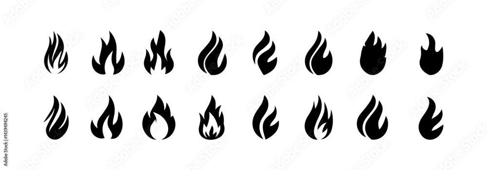 Poster stylized flame icons showcasing various shapes and sizes for dynamic designs