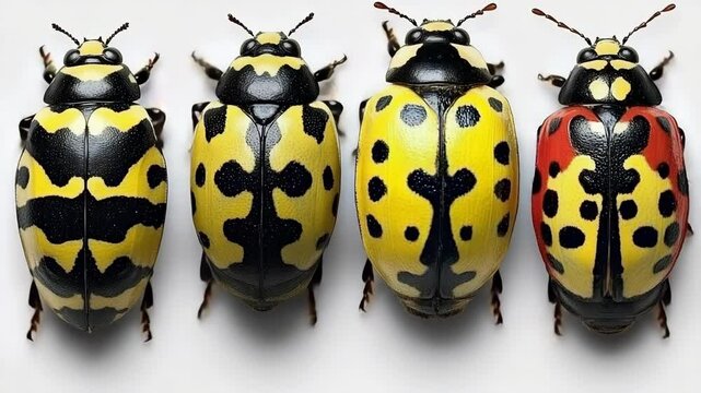Collection of four colorful harlequin beetles displaying yellow, red, and black patterns on a white background surface
