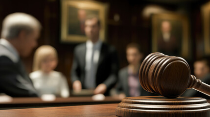legal services. Wooden gavel, family and lawyer in background. lawyer services, child adoption, alimony. legal consultation. wedding contract, divorce, Judicial system and legal practice