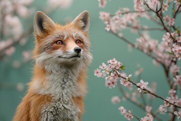 Obraz premium A red fox gazes at blossoming spring flowers.