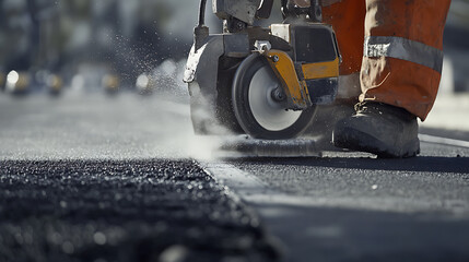 Fototapeta premium Worker Using a Concrete Saw on Road Construction