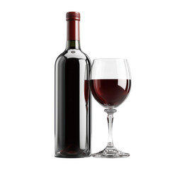 A bottle of red wine and a wine glass. Perfect for a special evening or a celebratory occasion. Enjoy the rich taste of this delicious red wine. , isolated on white background PNG cut out