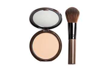 Elegant makeup powder compact with mirror and blending brush on gray background transparent background