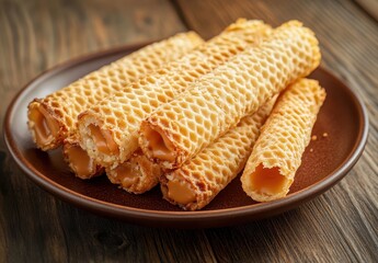 Crispy Waffle Rolls Filled with Sweet Cream on Wooden Table Background Ideal for Gourmet Food Photography and Culinary Blogs