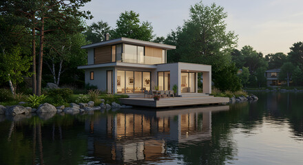 Obraz premium Luxury Lakeside Residence With Contemporary Design And Tranquil Surroundings