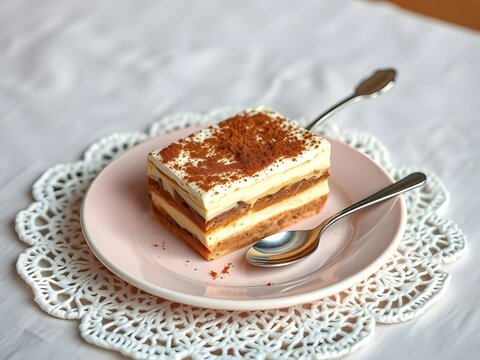 tiramisu with small spoon, served on soft pink ceramic and white lace fabric plate mat
