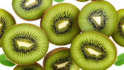 Fototapeta premium Sliced kiwis showcasing their vibrant green flesh and black seeds against a white background, perfect for healthy eating promotions and culinary inspiration. 