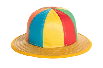 A colorful clown hat with rainbow panels and straw brim on gray background transparent background
