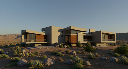Fototapeta premium Modern Desert Home Blending Seamlessly With Arid Environment at Sunset