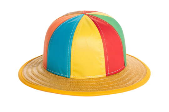 A colorful clown hat with rainbow panels and straw brim on gray background transparent background