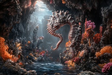 Fantasy seahorse in a coral cave; mystical underwater scene; possible use wallpaper, screensaver, or fantasy art