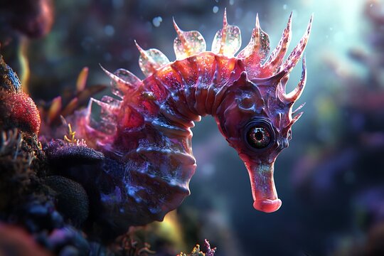 Colorful seahorse in coral reef; artistic digital illustration; close up; possible use in nature, ocean, marine life, or digital art publications - Powered by Adobe