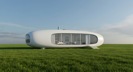 Fototapeta premium Futuristic Living Pod On Grassy Expanse Under A Bright Blue Sky