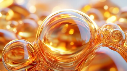Close-up of orange liquid bubbles with reflections and highlights