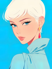 stylish woman with short, wavy platinum blonde hair. She has striking blue eyes and wears large, circular earrings that add a touch of elegance to her look. 