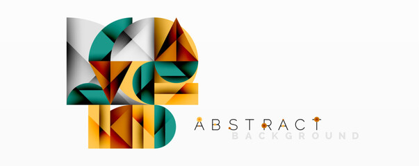 Geometric shapes overlap creating vibrant abstract design. Orange, teal, gray tones dominate composition. Modern aesthetic.