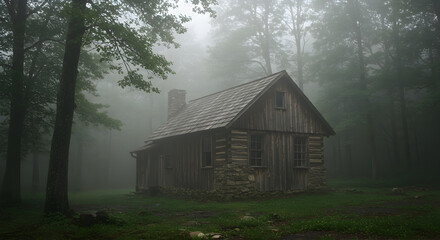 Rustic Cabin Enshrouded In Dense Foggy Forest Eerie Landscape