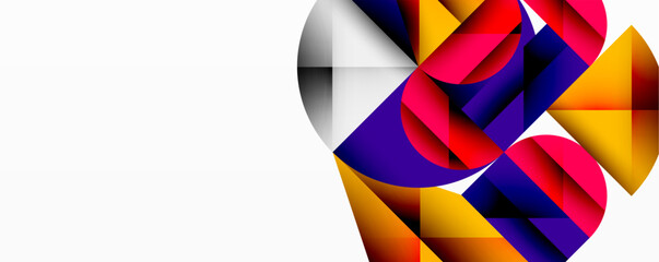 Abstract geometric shapes overlap, creating vibrant color gradients. Composition focuses right side, leaving ample white space.