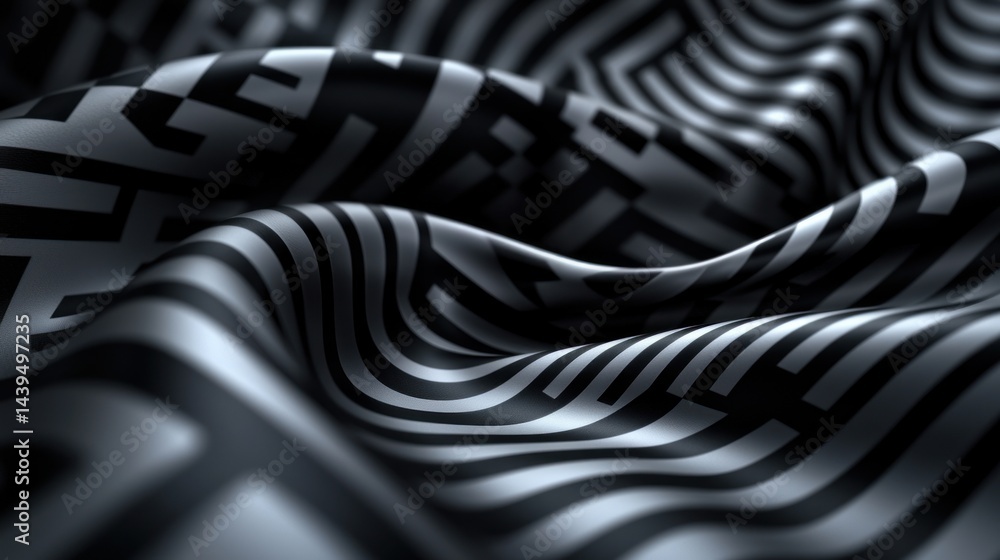 Wall mural abstract black and grey fabric flowing with intricate patterns