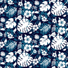 Pattern blue Hawaiian decor with flowers and tropical leaves.