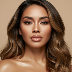 Fototapeta premium Stunning Portrait of a Young Woman with Long Wavy Brown Hair and a Natural Makeup Look