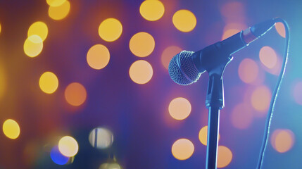 Obraz premium glowing microphone stands against backdrop of colorful bokeh lights, creating vibrant and dynamic atmosphere for performances