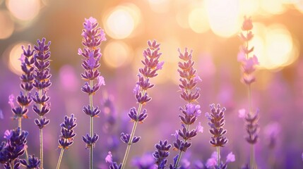 A dreamy field of lavender at sunset, with soft golden light and blurred edges