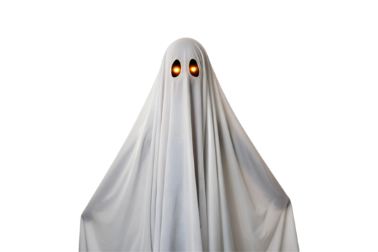A spooky ghost covered in white cloth with glowing orange eyes transparent background