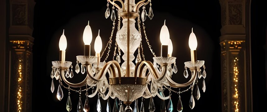 Refraction of light through sparkling antique crystal chandeliers casting colorful shadows. Extremely detailed high resolution illustration.