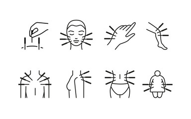 Acupuncture, medical needles in parts of body, line icon set. Alternative medicine. Body therapy and spa, wellness and acupressure. Vector illustration