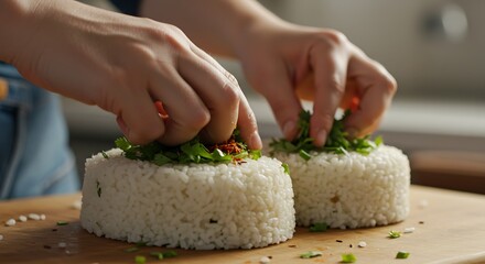 Hands Decorating Rice Cakes with Herbs and Spices