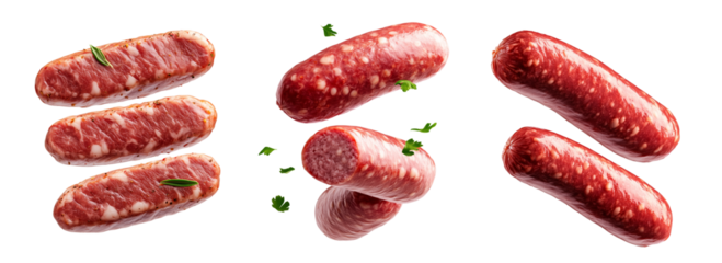 Set of raw pork sausages isolated on white background, concept of culinary ingredients.