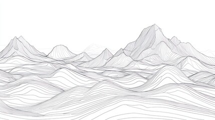 A fine line drawing of a mountain range with clean lines