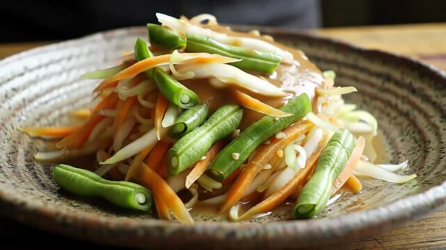 Indonesian Halal Salad Dish "Pecel" with Fresh Vegetables and Peanut Sauce