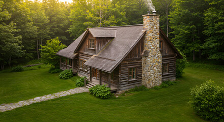Fototapeta premium Secluded Log Cabin Nestled Among Trees Offers a Tranquil Retreat