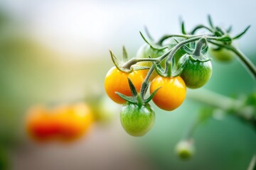 Cluster of yellow and green cherry tomatoes on vine, agricultural concept, closeup food photography