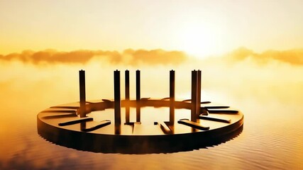Abstract golden architectural structure with vertical posts on circular platform in misty water during sunrise, creating surreal dreamscape - Powered by Adobe
