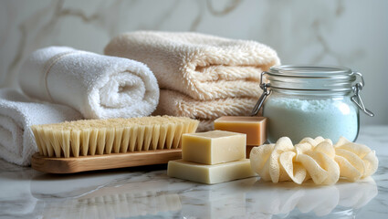 Spa day serene Soaps towels brush and scrub