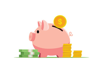Saving money concept with piggy bank and coins. Financial illustration. Vector flat design isolated