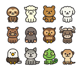 Vector illustration of several animals in simple and cute style such as puppy, sloth, alpaca etc.