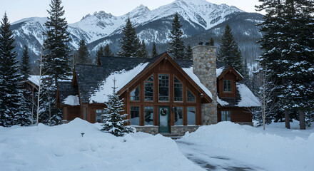Naklejka premium Serene Winter Retreat Stunning Cabin Nestled Among Snow Capped Mountains