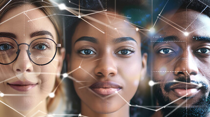This image features a group of people wearing glasses, with their faces partially overlaid by a digital, futuristic interface. The background is filled with abstract, technological graphics, suggestin