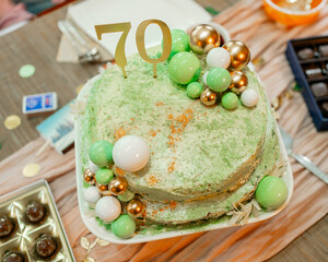 Green and Gold 70th Birthday Cake with Decorative Balls
