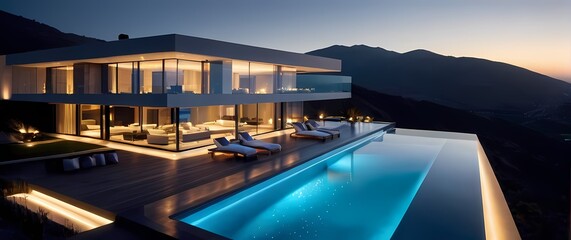 Palatial modern villas with large glass walls and shimmering infinity pools overlooking valleys. Extremely detailed high resolution illustration.