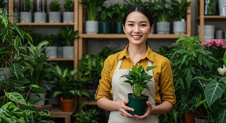 Portrait of a smiling young Asian female florist holding a potted plant in a flower shop, surrounded by lush greenery