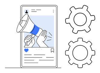 Megaphone projecting from a smartphone screen symbolizing social media announcement, next to two settings gears. Ideal for marketing strategy, digital campaigns, content creation, audience outreach