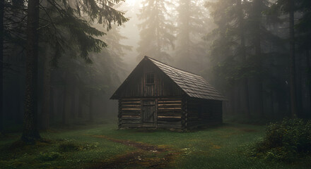 Rustic Retreat Small Log Cabin In A Misty Forest Environment