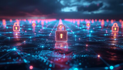 Cybersecurity Network Visualization with Digital Locks and Interconnected Nodes