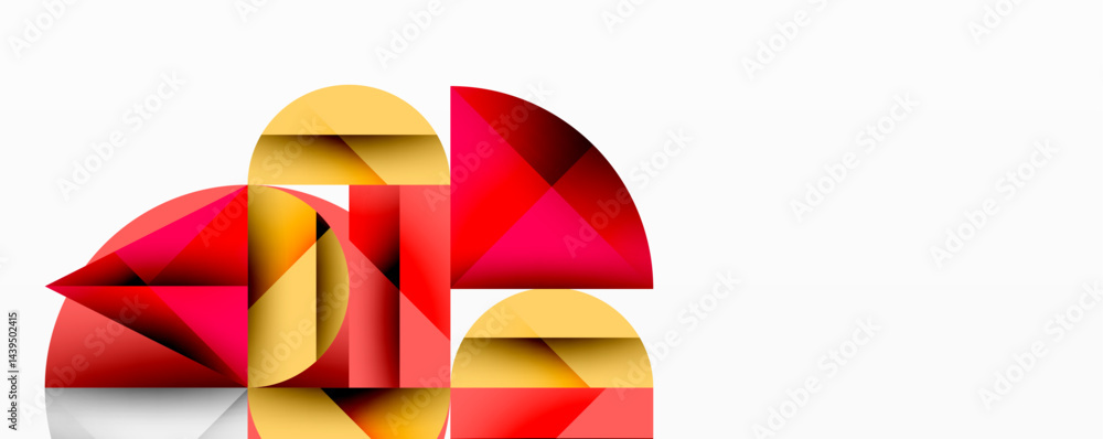 Poster Abstract geometric composition. Overlapping semicircles create dynamic visual effect. Red, gold hues dominate design. Minimalist style.