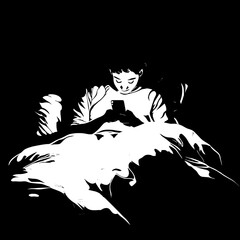 Black and White Silhouette or Line Art Illustration of Man or Woman Handing Mobile Phone - Communication Concept